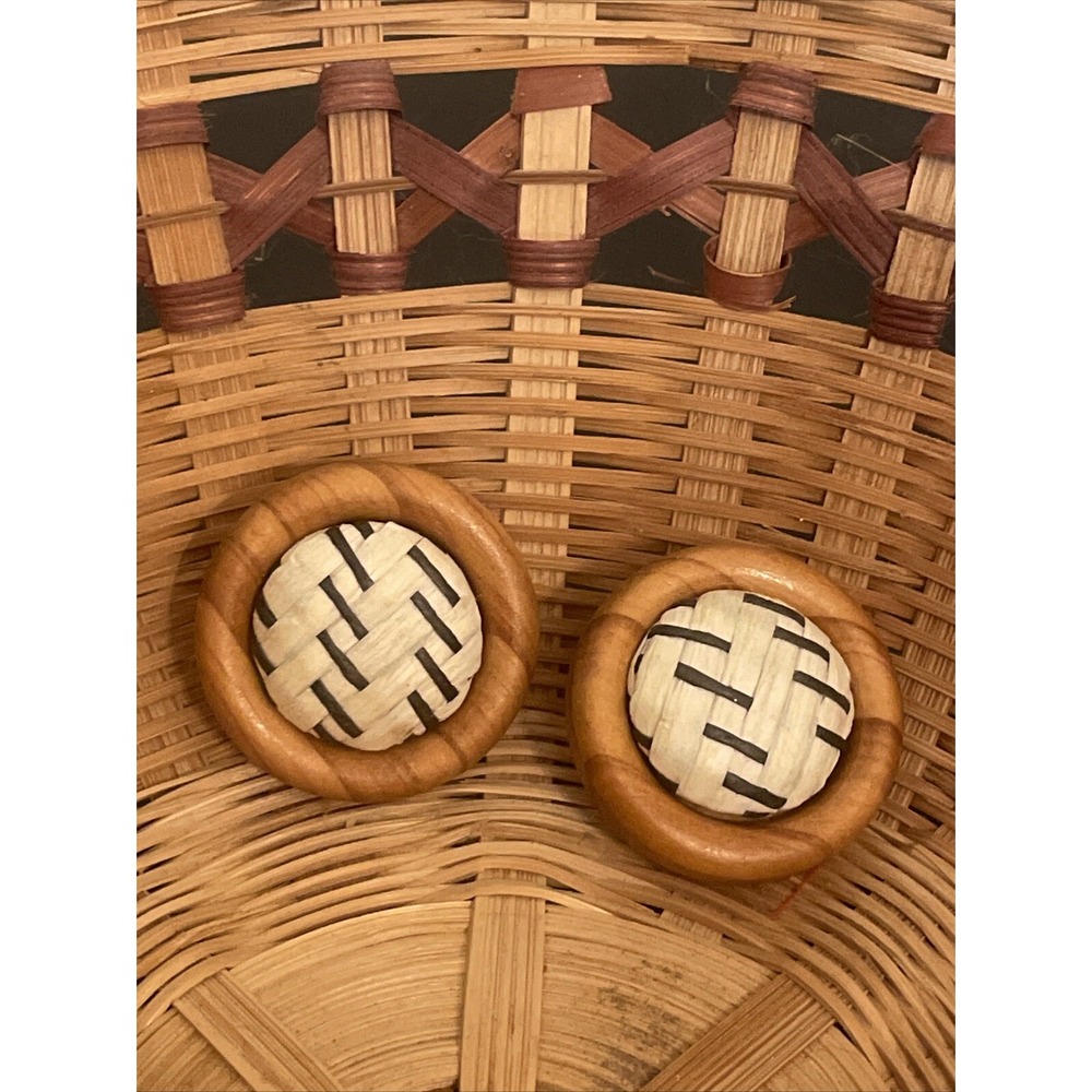 Wooden‎ Basket Weave Pattern Clip On Earrings Unique Vintage